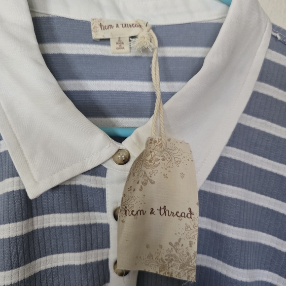 Hem & Thread Striped Long Sleeve Crochet Lace Top Blue White New Size Large - Picture 2 of 6